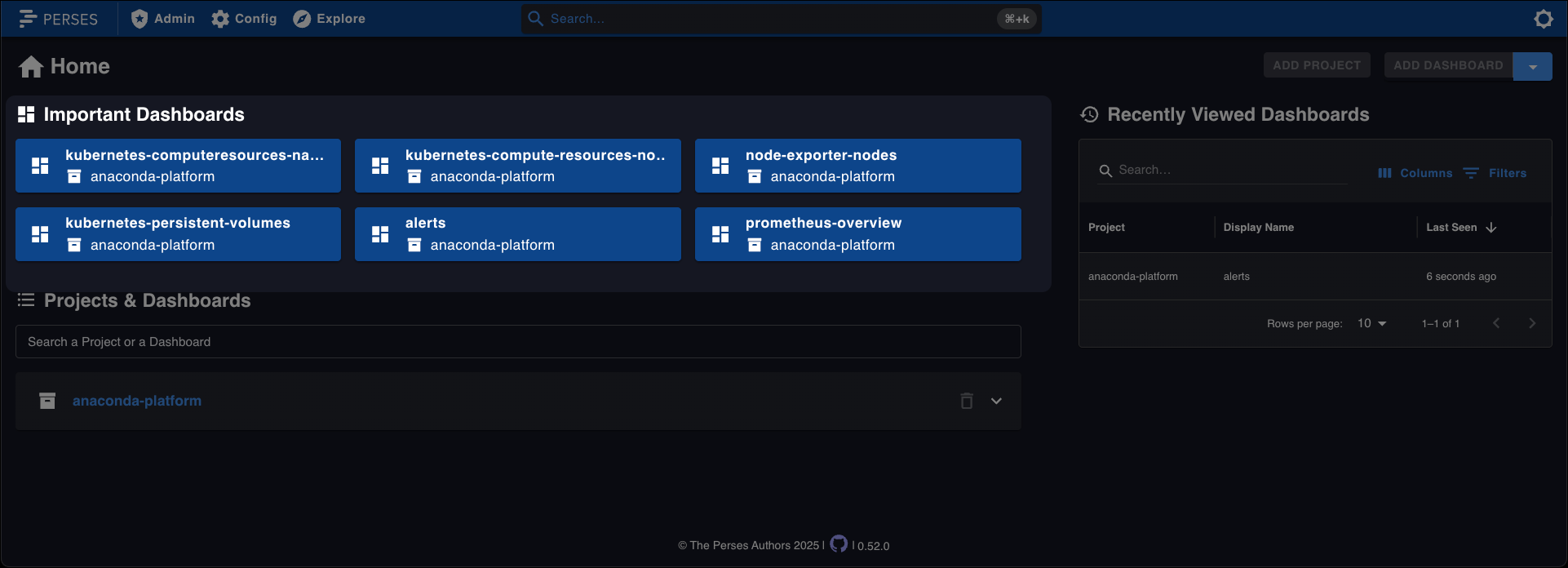 Perses home page with important dashboards spotlighted