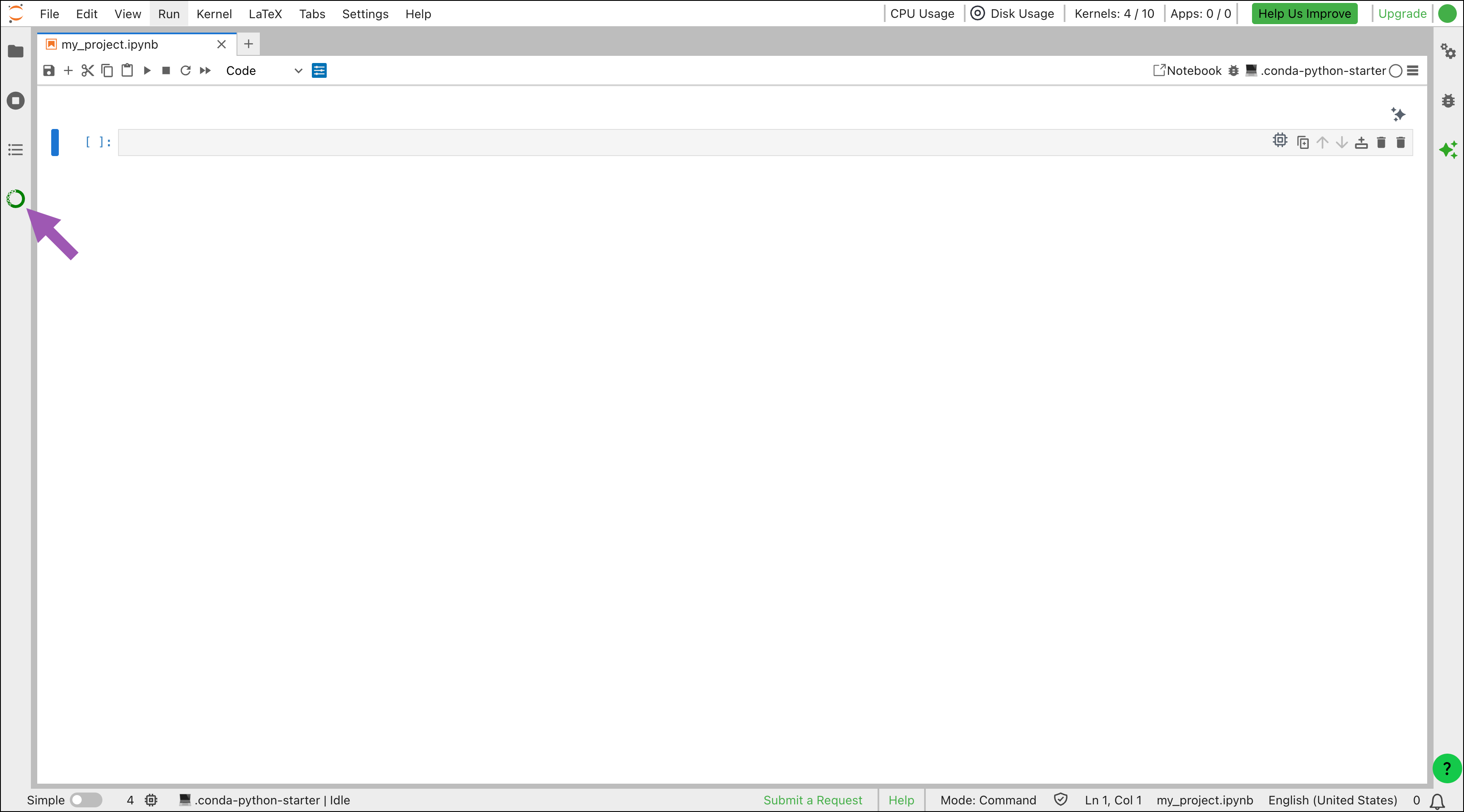 Anaconda Notebooks interface with an arrow pointing to the Anaconda Toolbox icon.