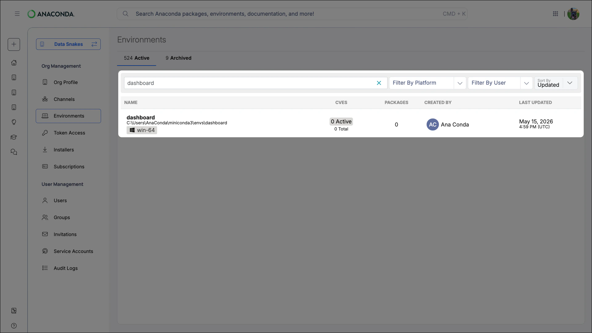 Environment search and filters