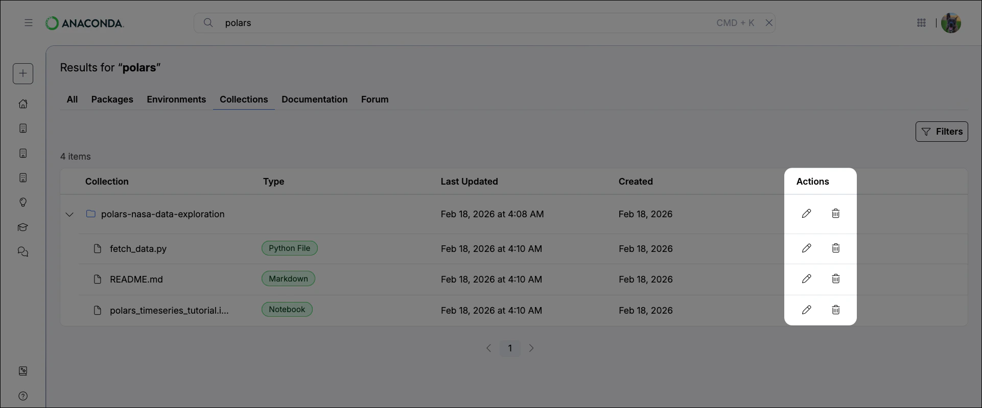 Action buttons for collection management