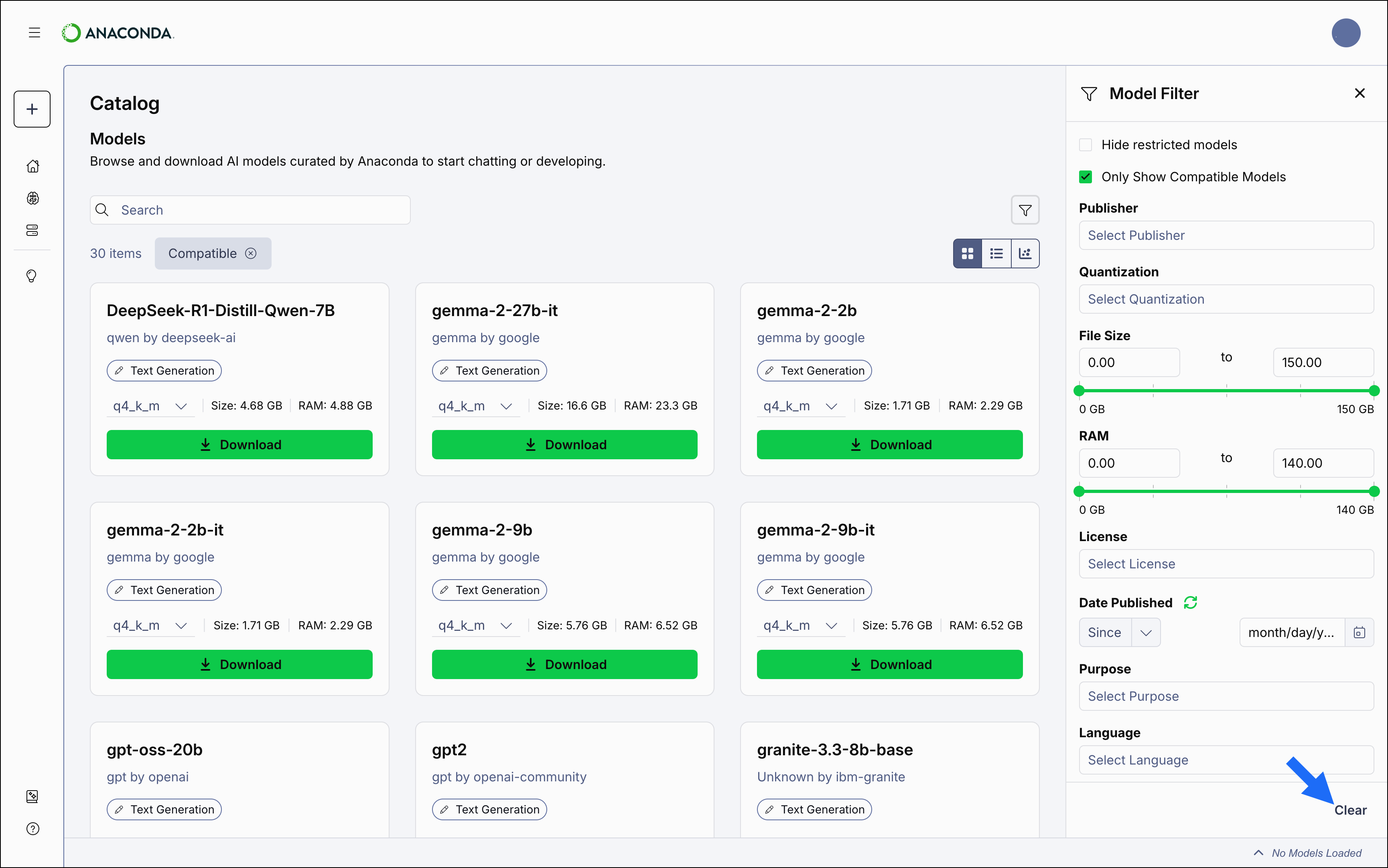 Models page right-hand filters panel