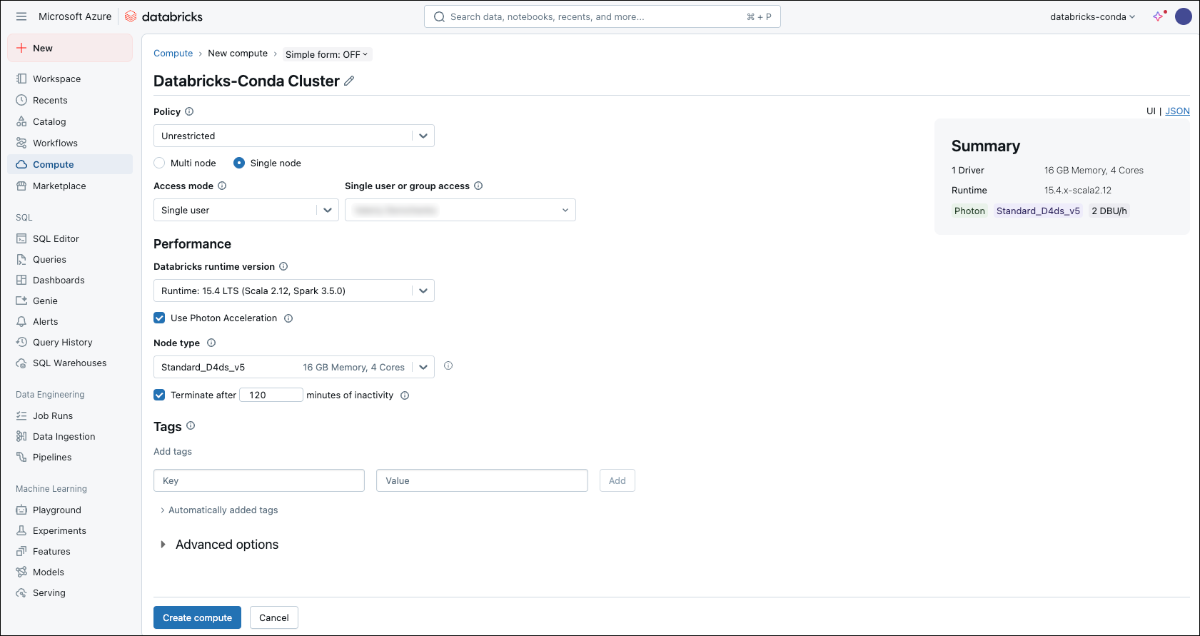 databricks container service — compute, new compute page