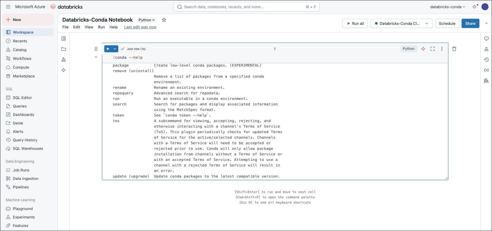 databricks notebook, verifying conda installation