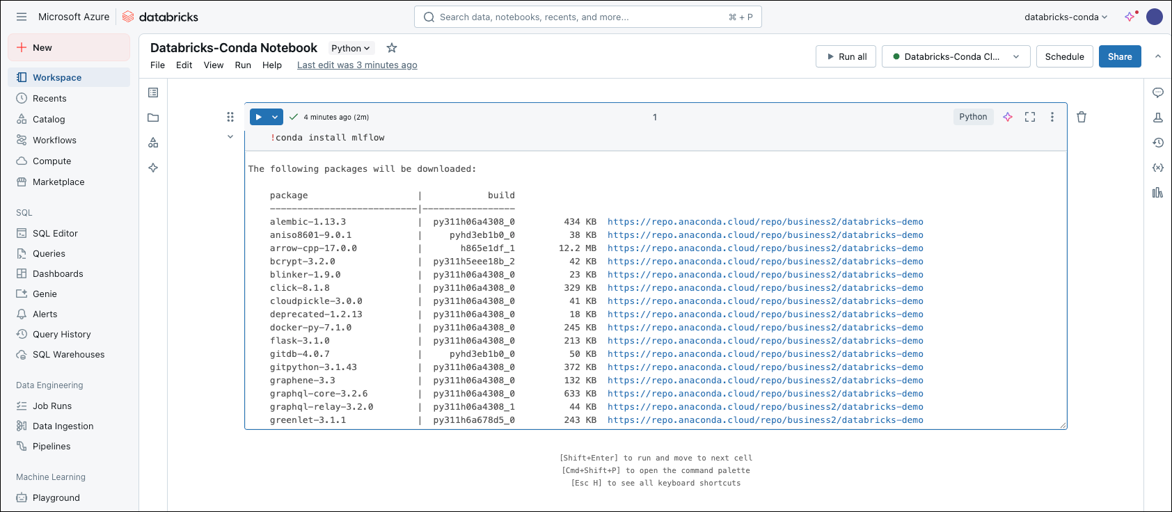 databricks notebook, installing mlflow using conda