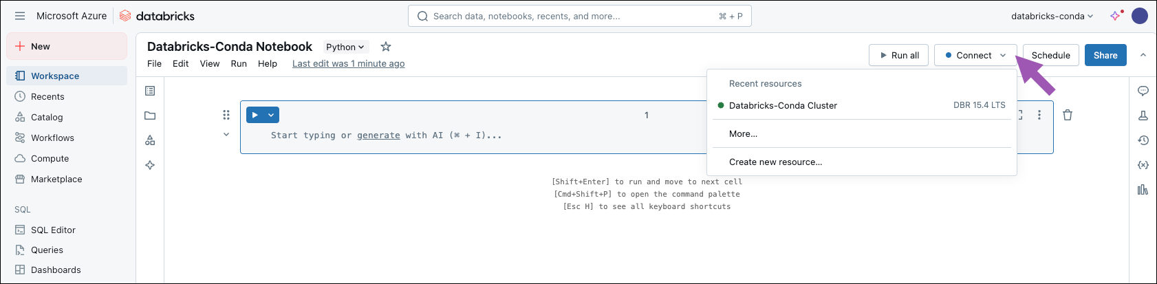 databricks notebook workspace — connect cluster resources