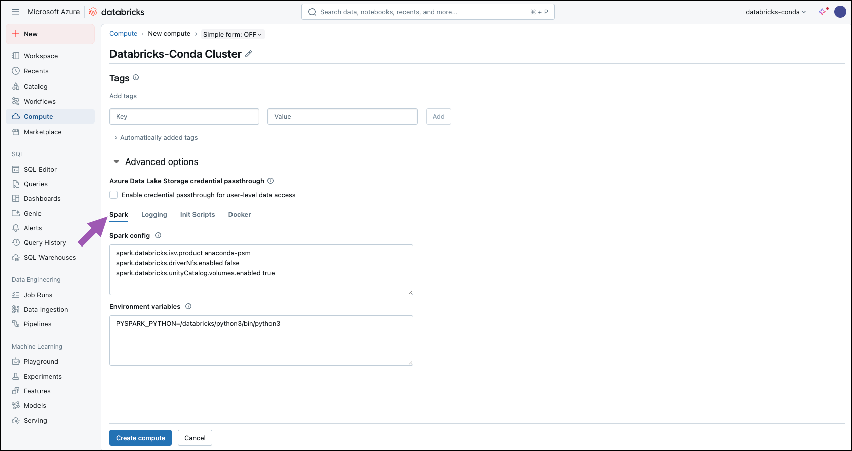 databricks container service — compute, advanced options, spark tab