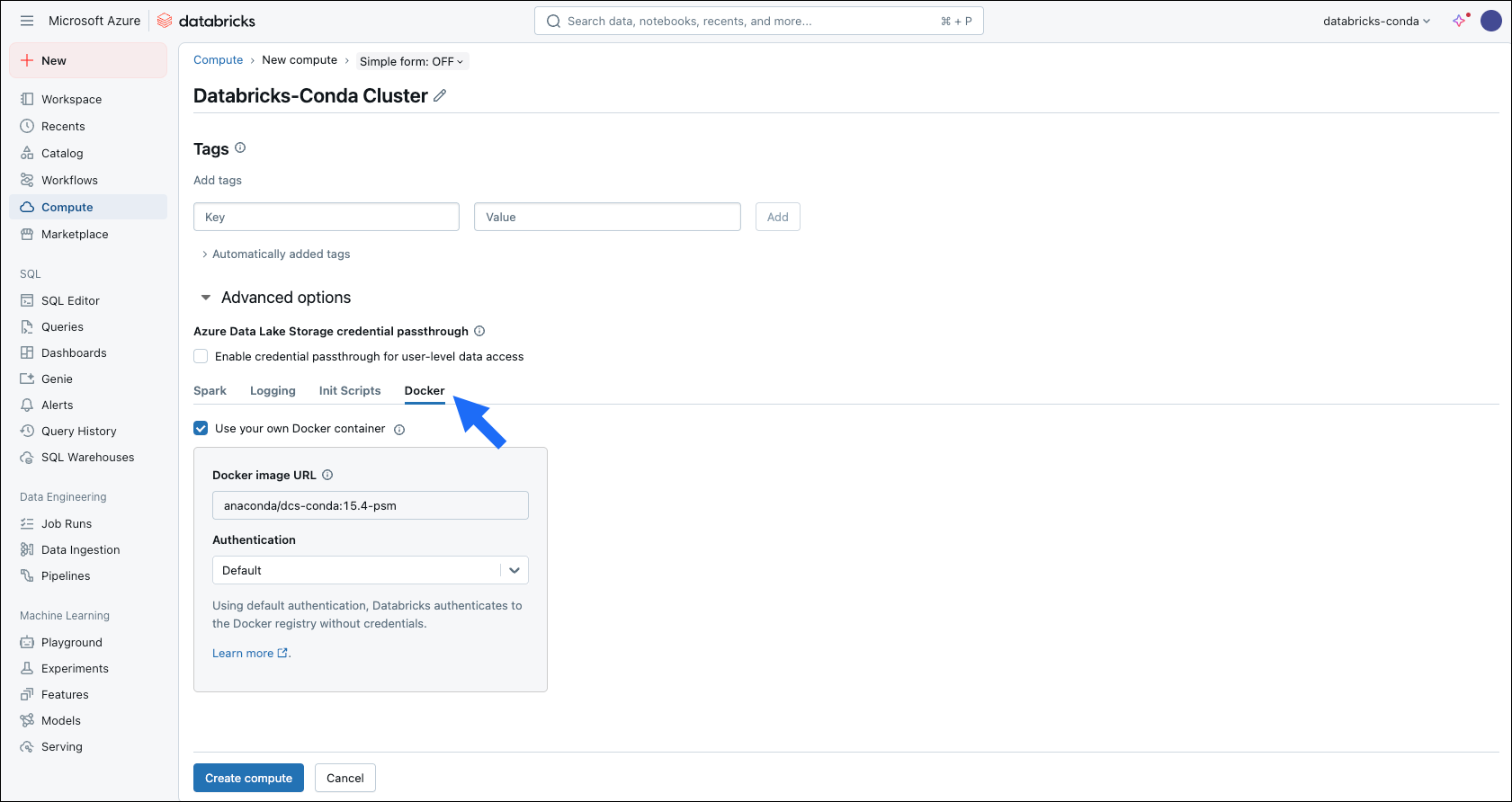 databricks container service — compute, advanced options, docker tab