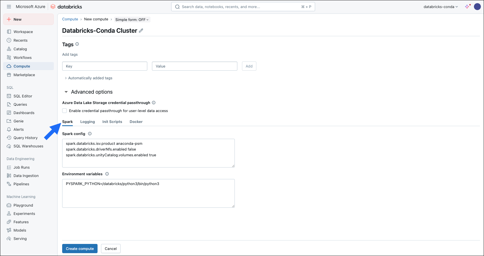 databricks container service — compute, advanced options, spark tab