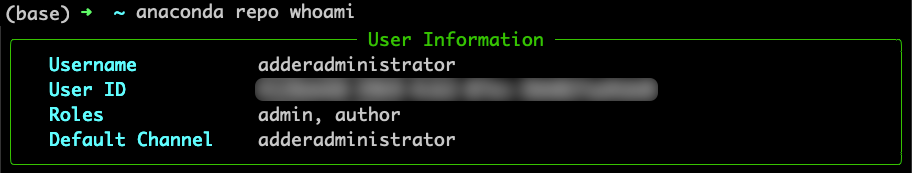 Command return for anaconda repo whoami