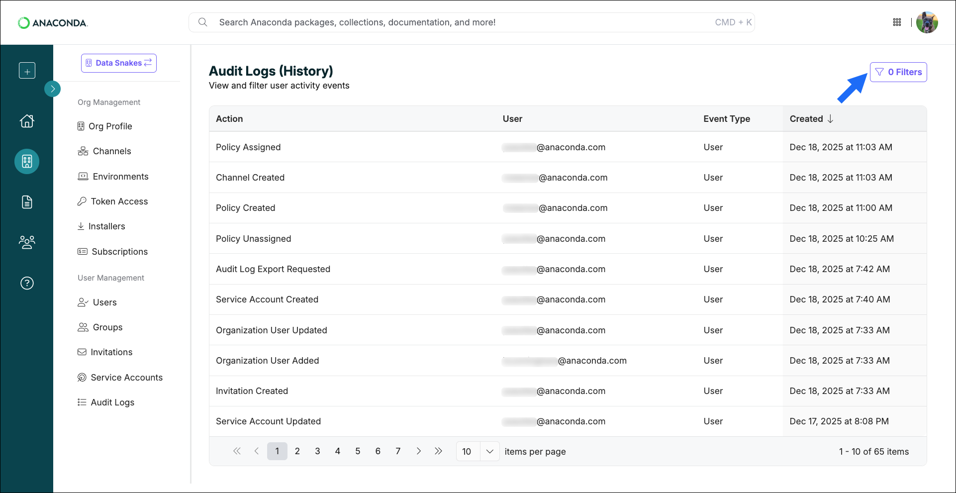 Audit log filter pane