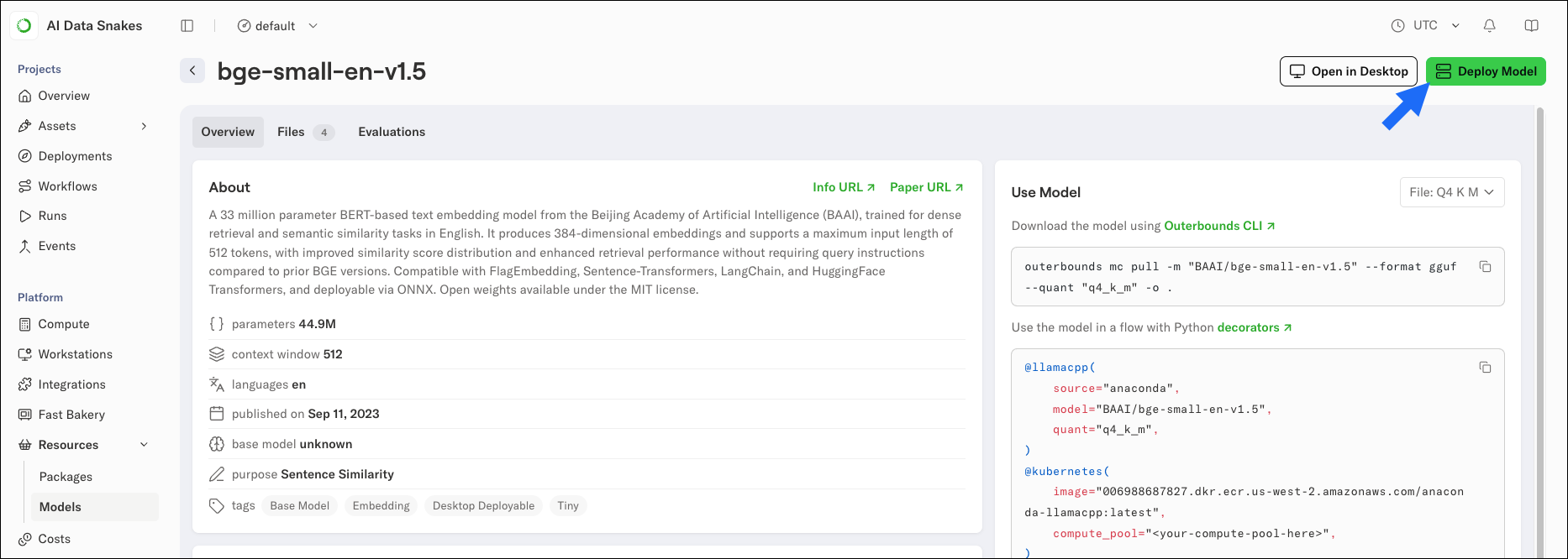 The model details page with the Deploy Model button