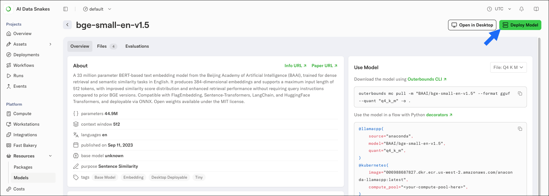 The model details page with the Deploy Model button