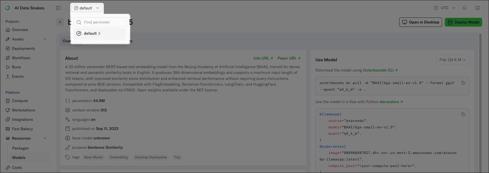 The perimeter context picker open on the model details page, showing the default perimeter selected