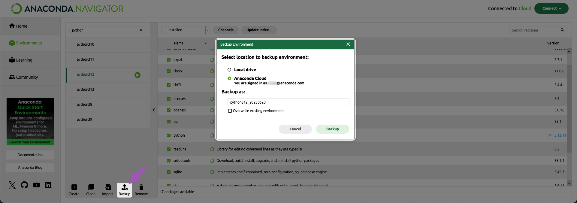 backing up an environment to Anaconda.com