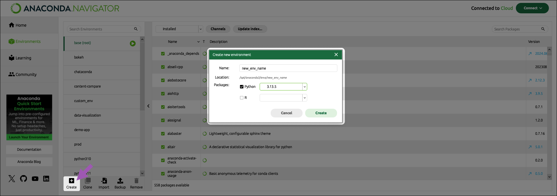 create new environment button and dialog