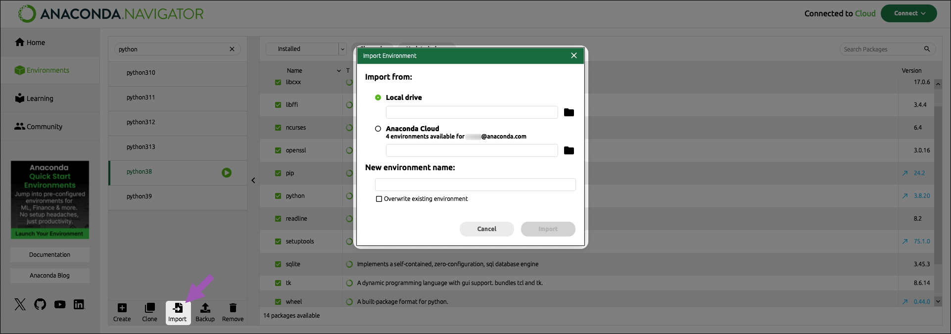 importing an environment from your local files