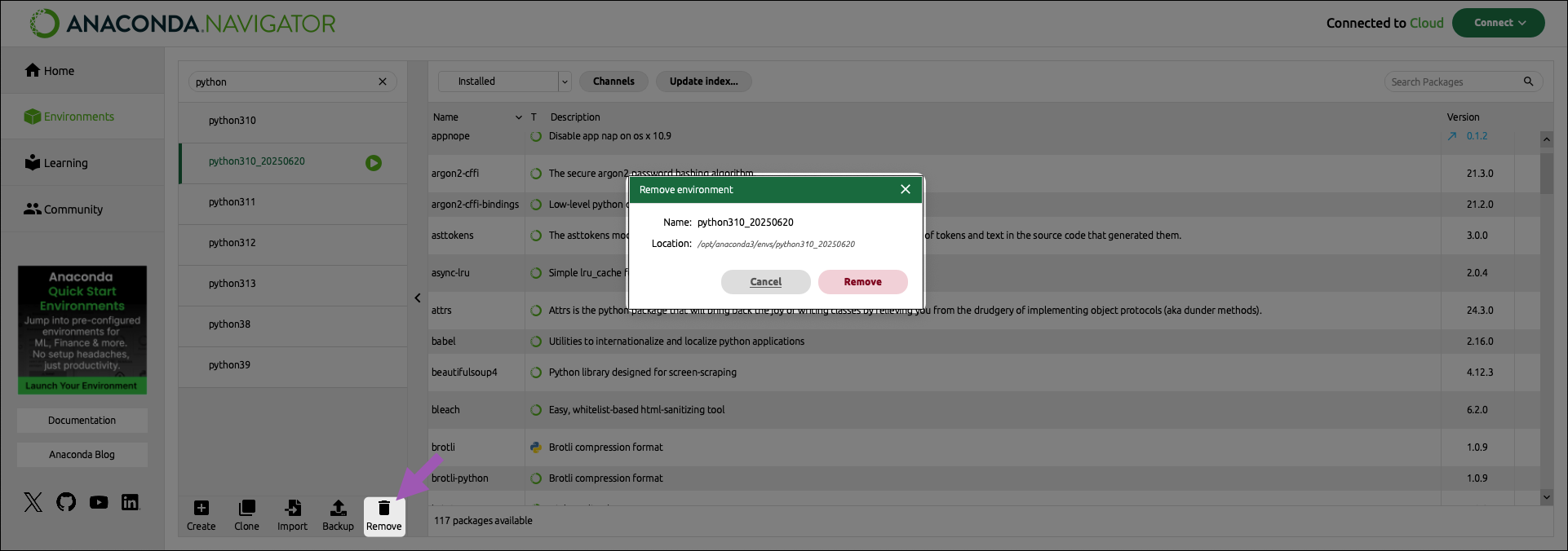 removing an environment from your local machine