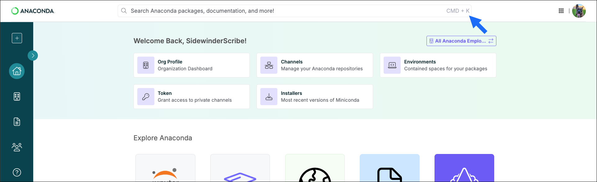 Spotlighting the search bar at the top of anaconda.com/app