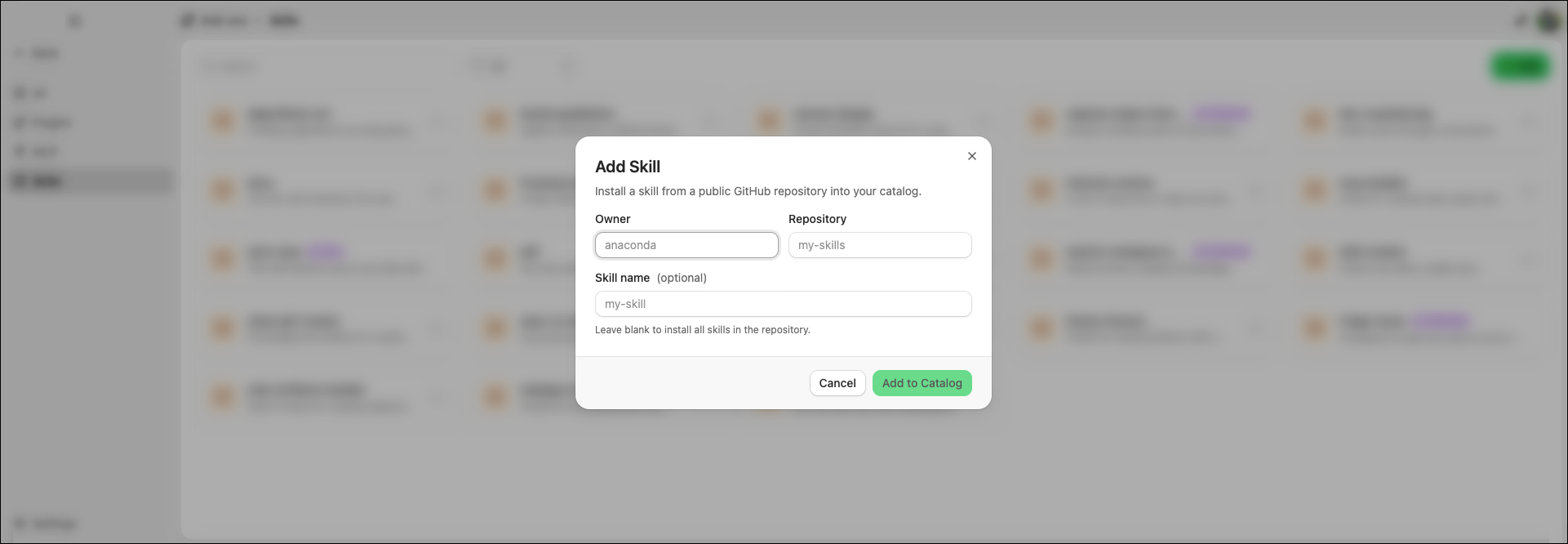 Add Skill dialog showing owner, repository, and skill name fields
