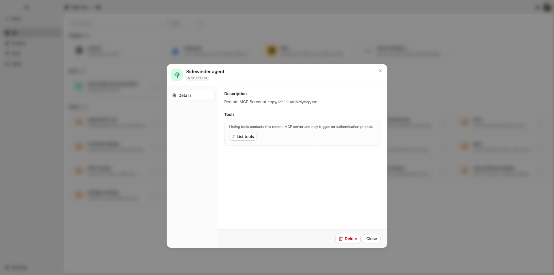 Add-ons MCP page showing registered servers with status indicators and plugin labels