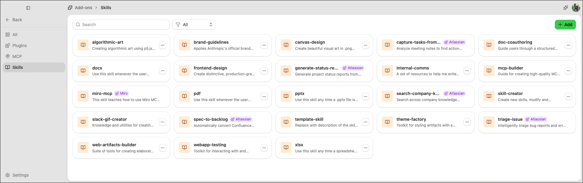 Add-ons Skills page showing available skills with plugin labels