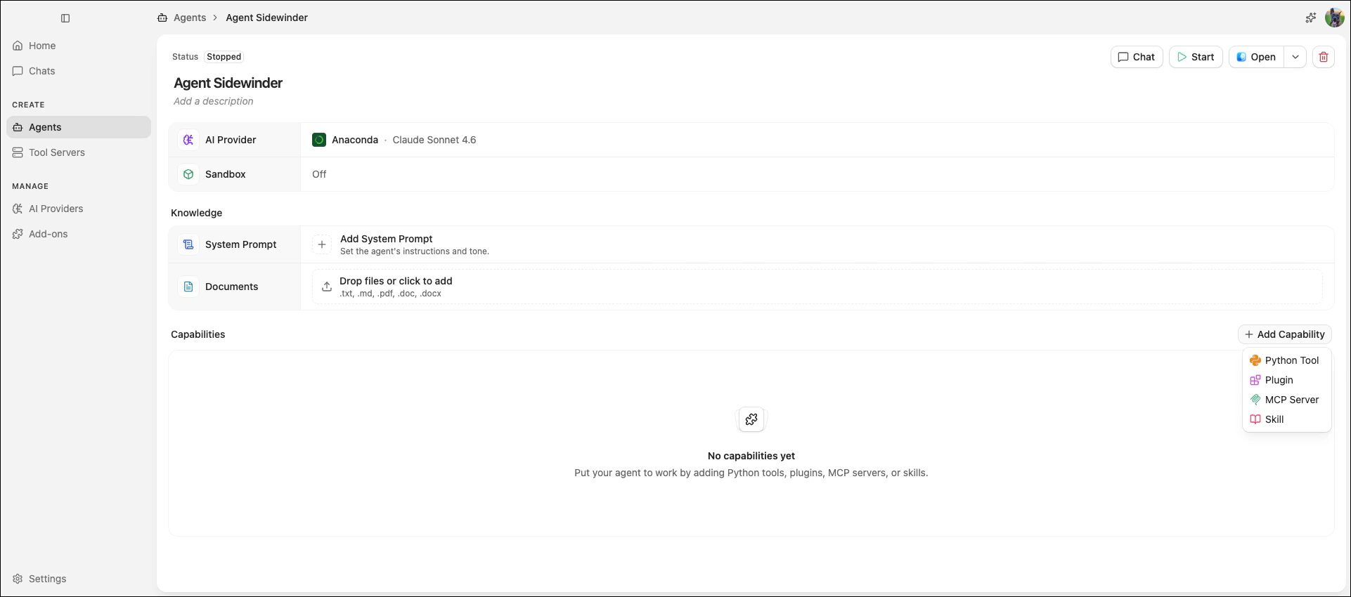 Agent configuration page showing AI Provider, Sandbox, Knowledge, and Capabilities sections