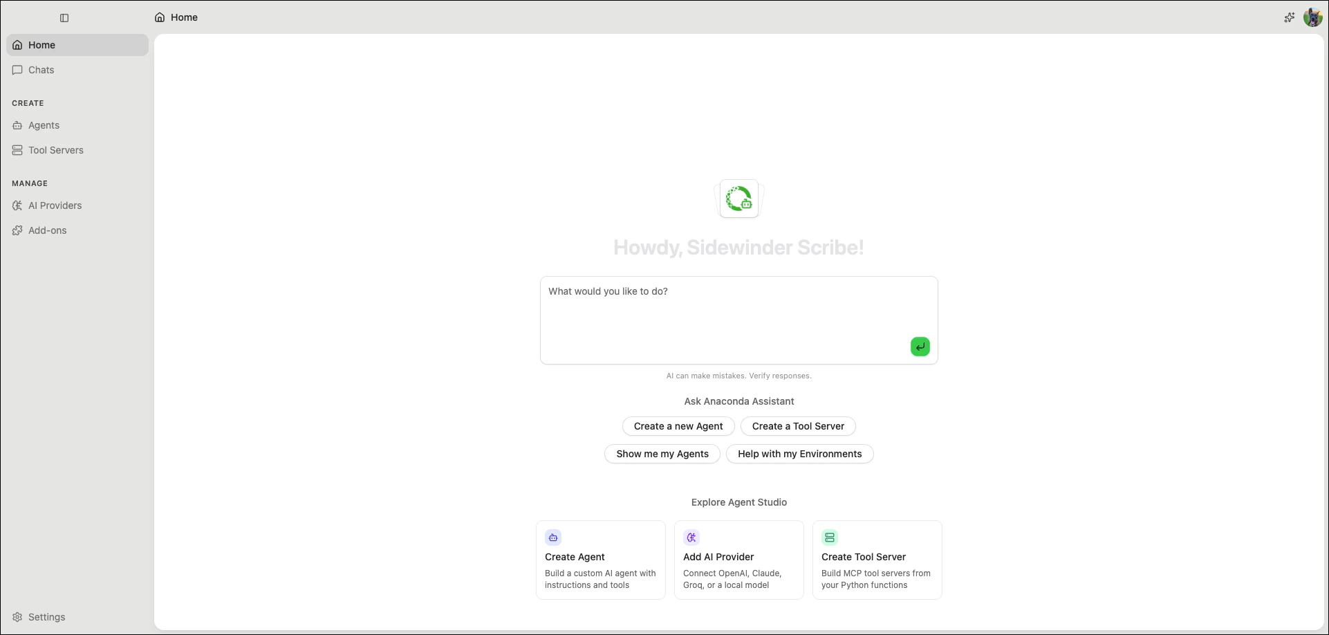 Agent Studio Home page showing the Anaconda Assistant chat input and quick-action buttons