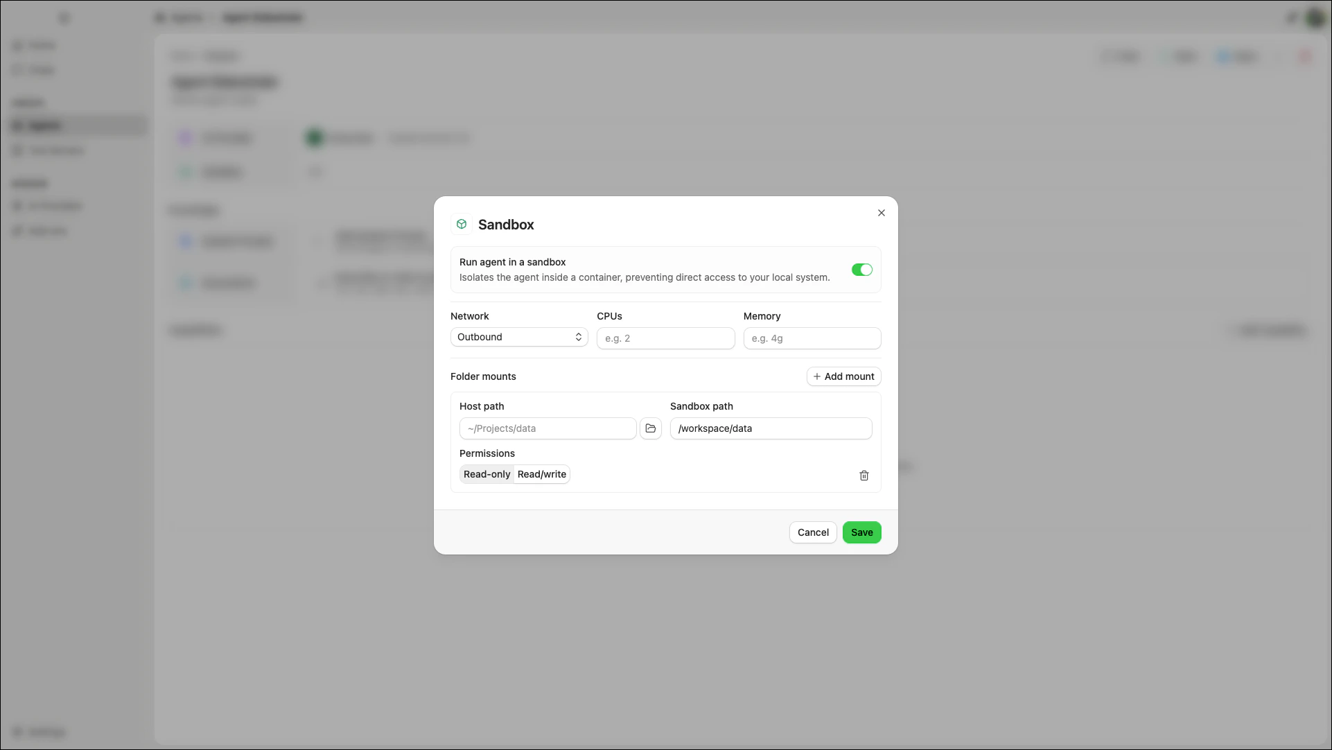 Sandbox configuration modal showing the run-in-sandbox toggle, network dropdown, resource limits, and folder mounts