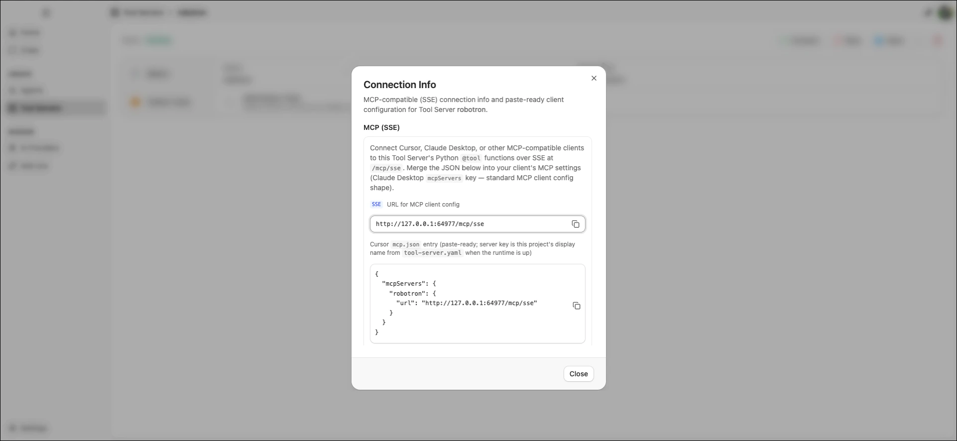 Connection Info dialog showing the SSE URL and a paste-ready Cursor mcp.json configuration snippet