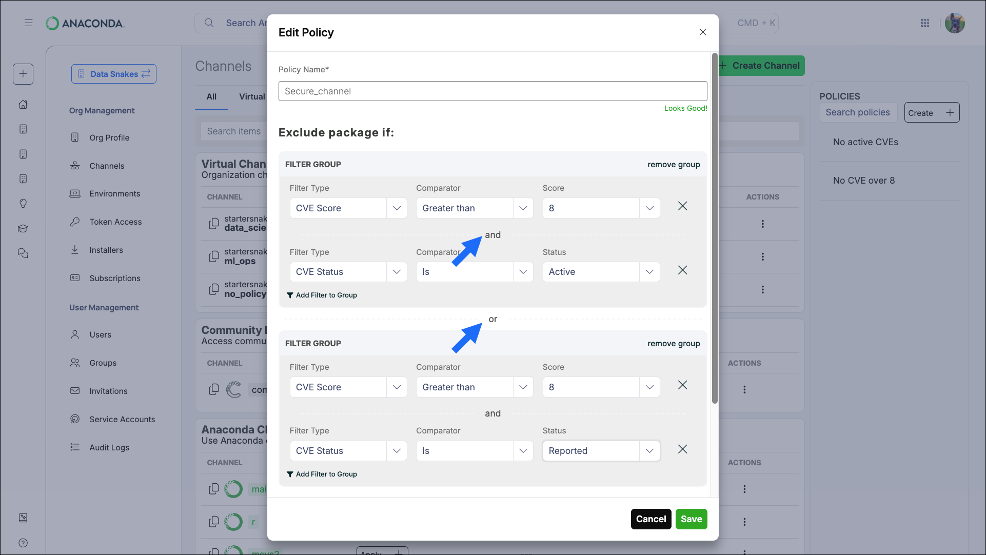 Policy filter and or operators