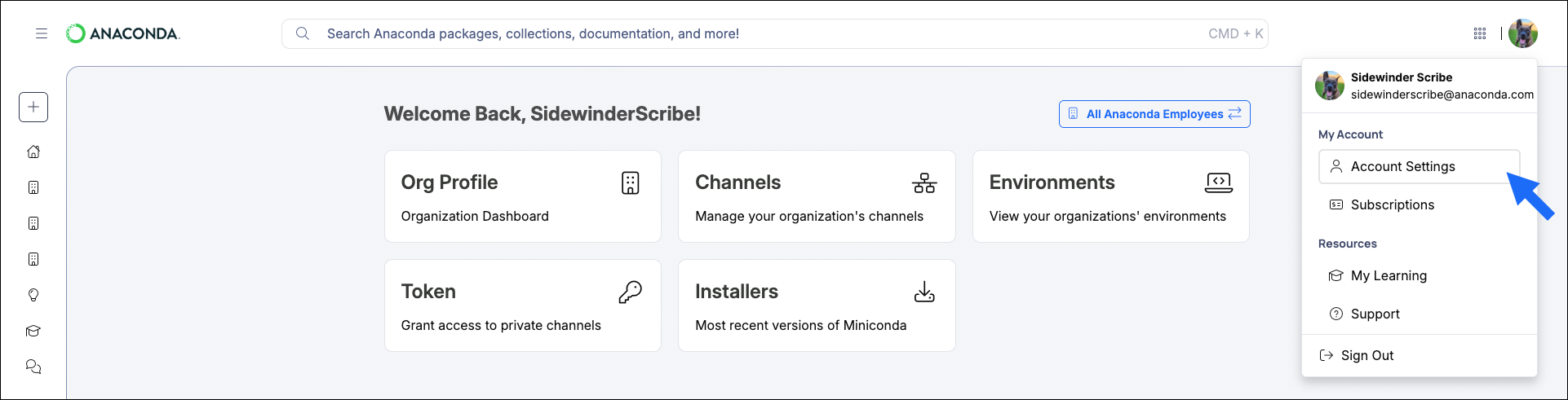 User account settings navigation