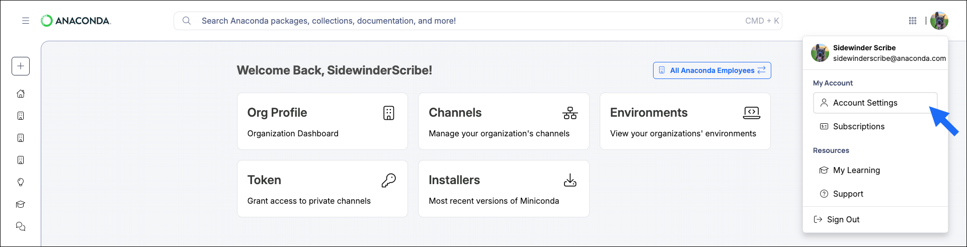User account settings navigation