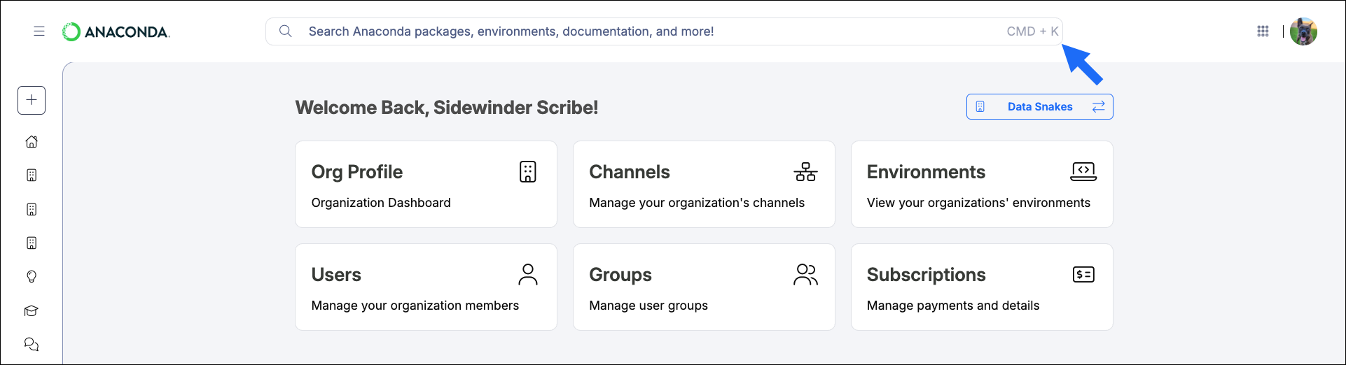 The search bar at the top of anaconda.com/app