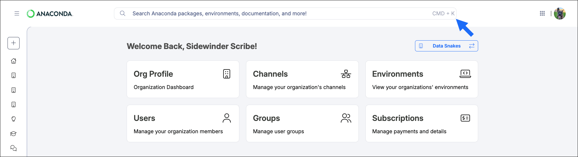 The search bar at the top of anaconda.com/app