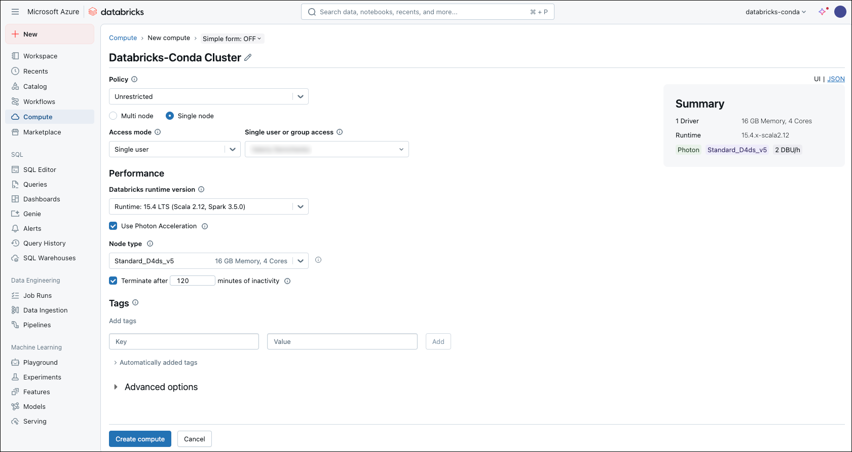 databricks container service — compute, new compute page