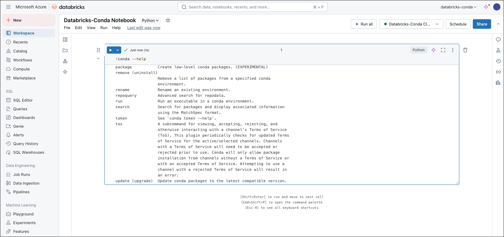 databricks notebook, verifying conda installation