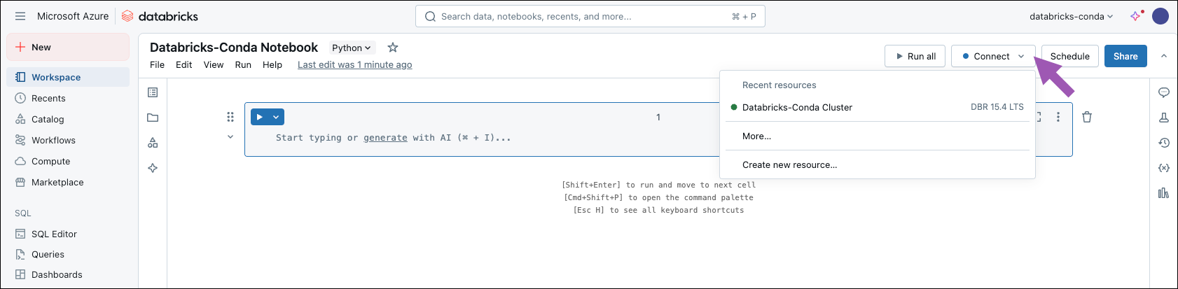 databricks notebook workspace — connect cluster resources