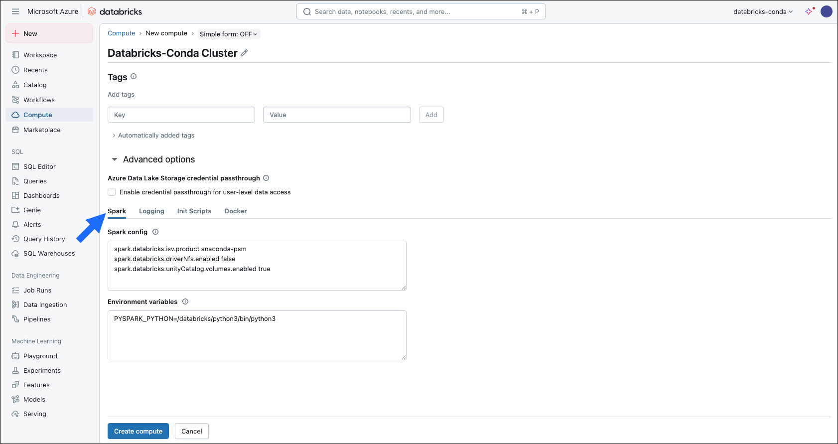 databricks container service — compute, advanced options, spark tab