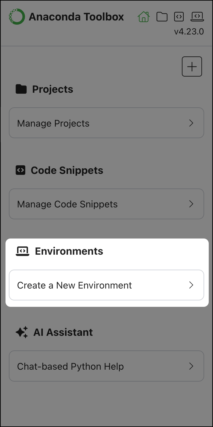 Anaconda Toolbox interface showing the Environments section with the 'Create a New Environment' button highlighted
