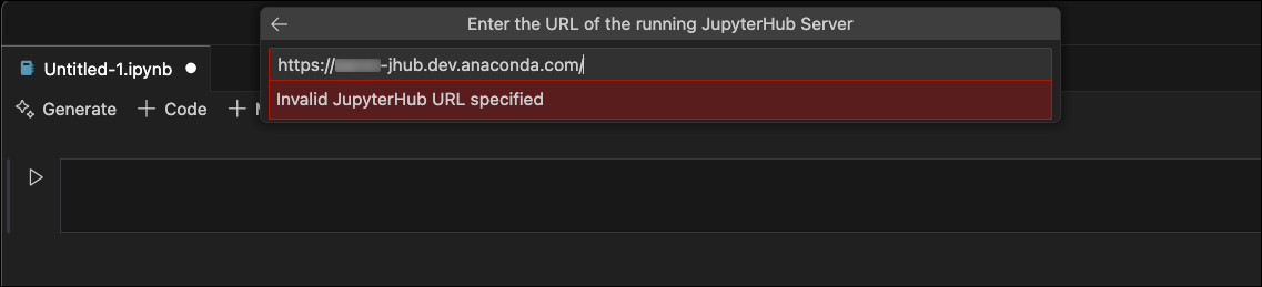 VSCode invalid JupyterHub server URL error message