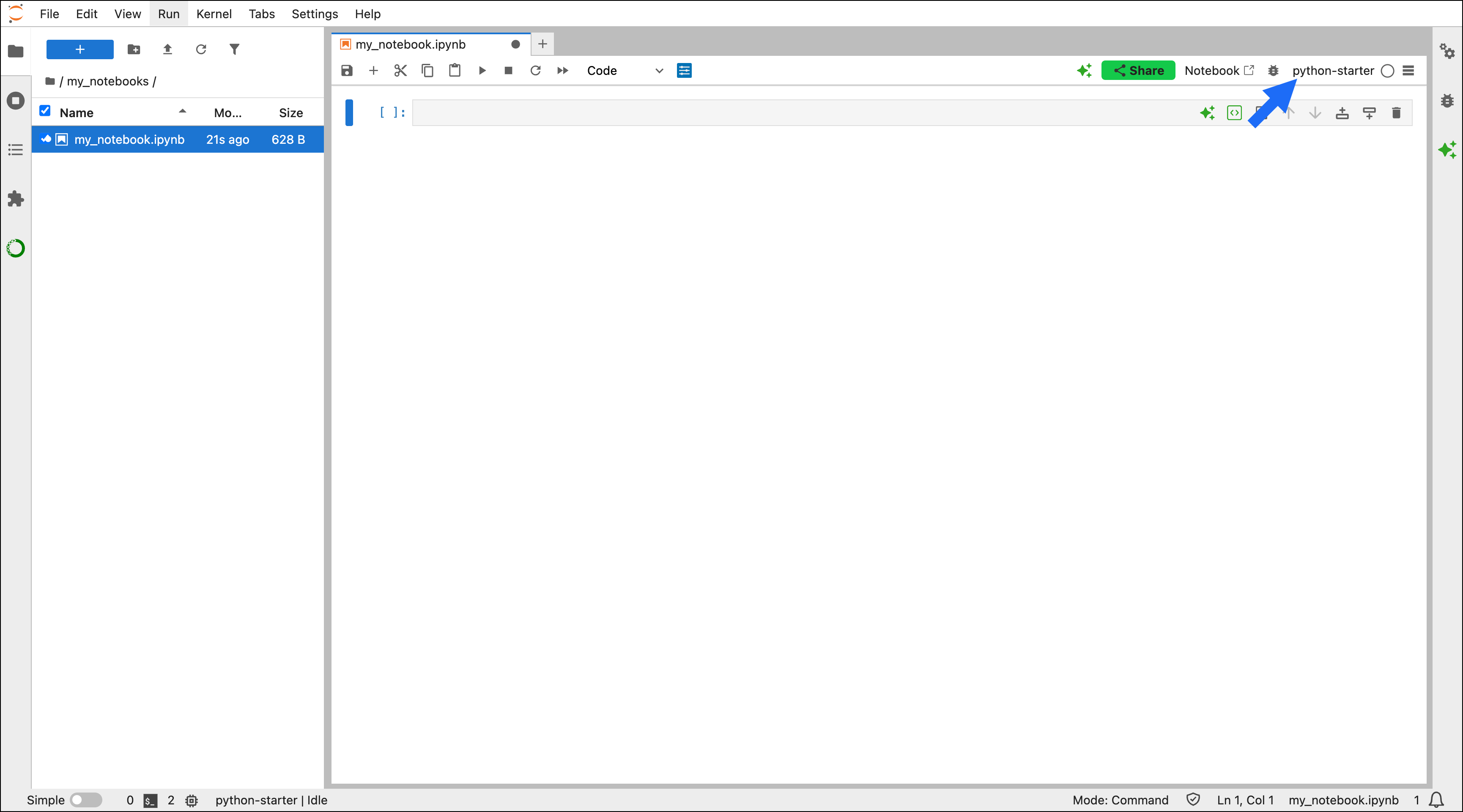 A JupyterLab notebook with an arrow pointing to the runtime selector in the top-right corner
