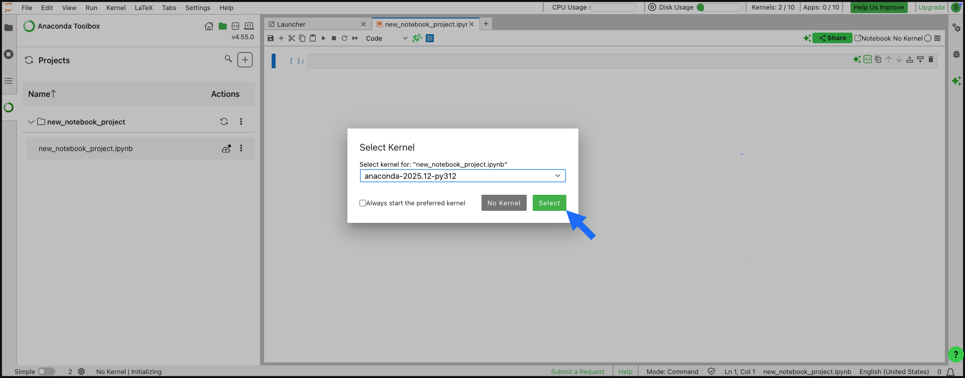 The Select Kernel dialog with the dropdown expanded, showing available kernels