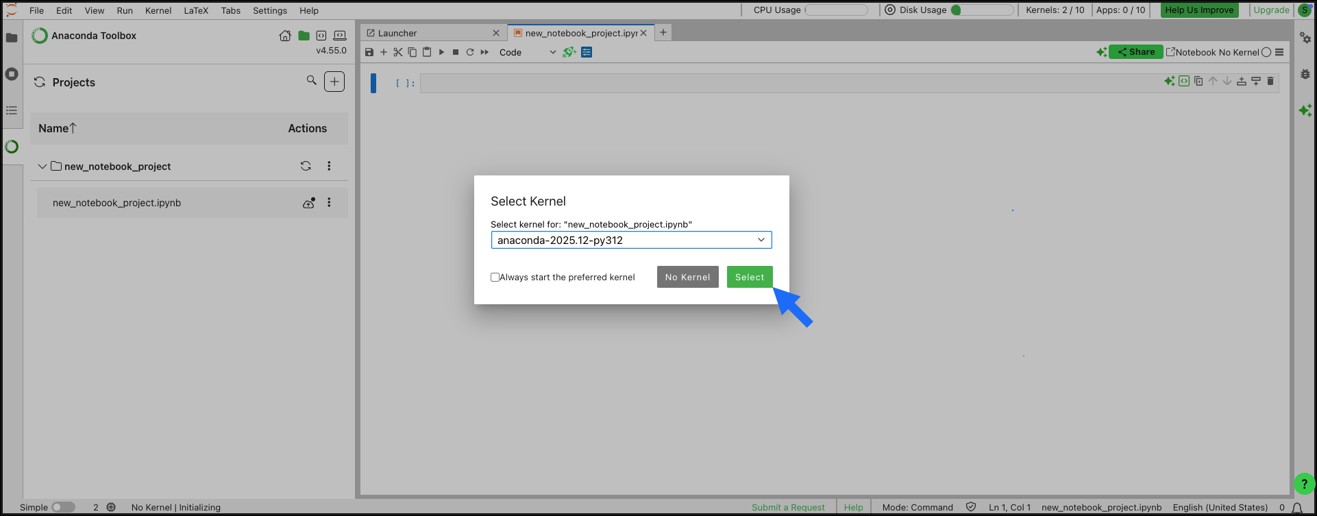 The Select Kernel dialog with the dropdown expanded, showing available kernels