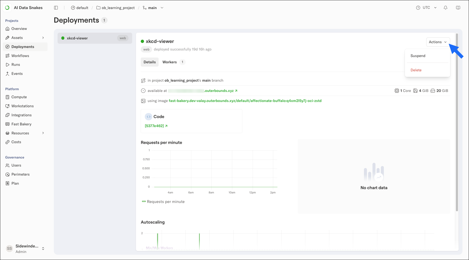 The deployment details view with the Actions dropdown open, showing Suspend and Delete options