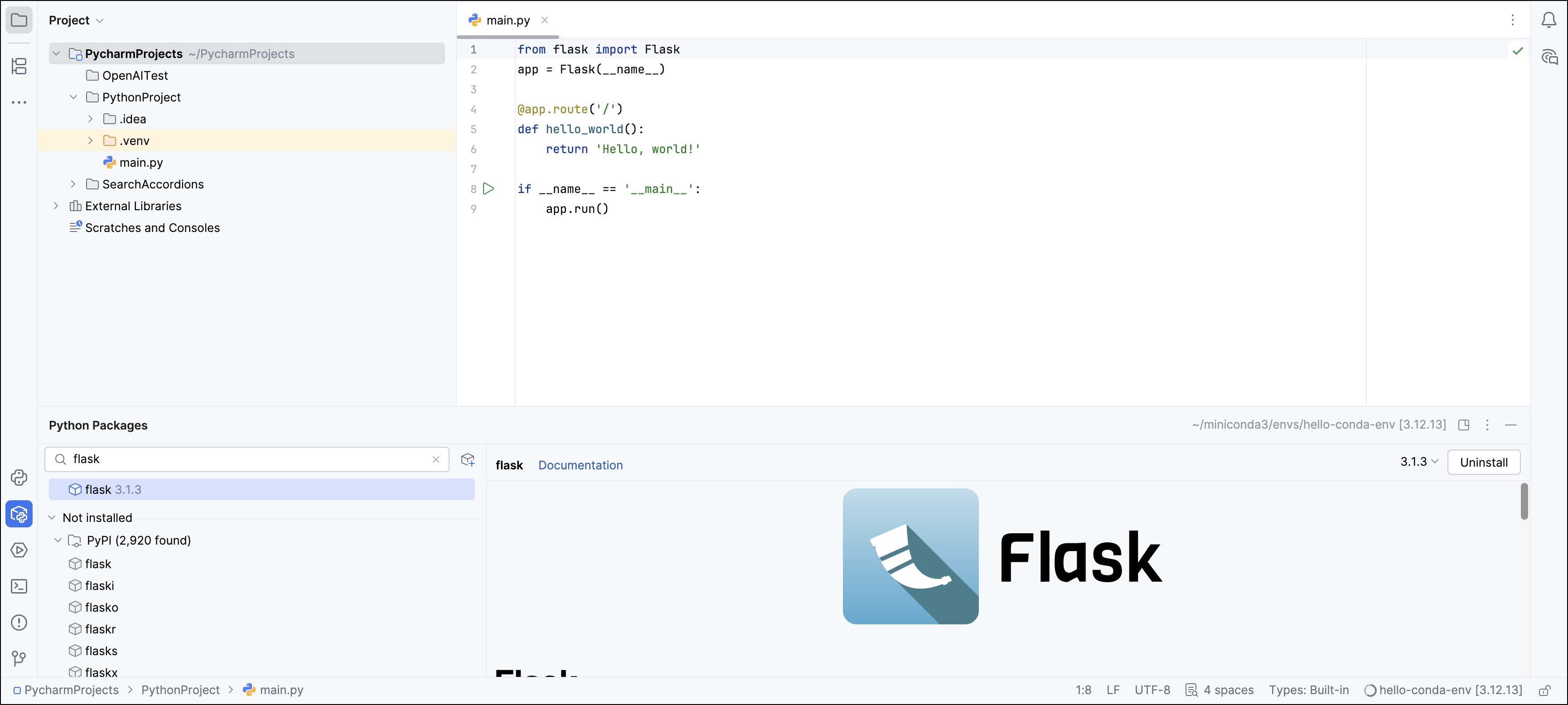 The Python Packages tool window showing the flask package installed in the project environment