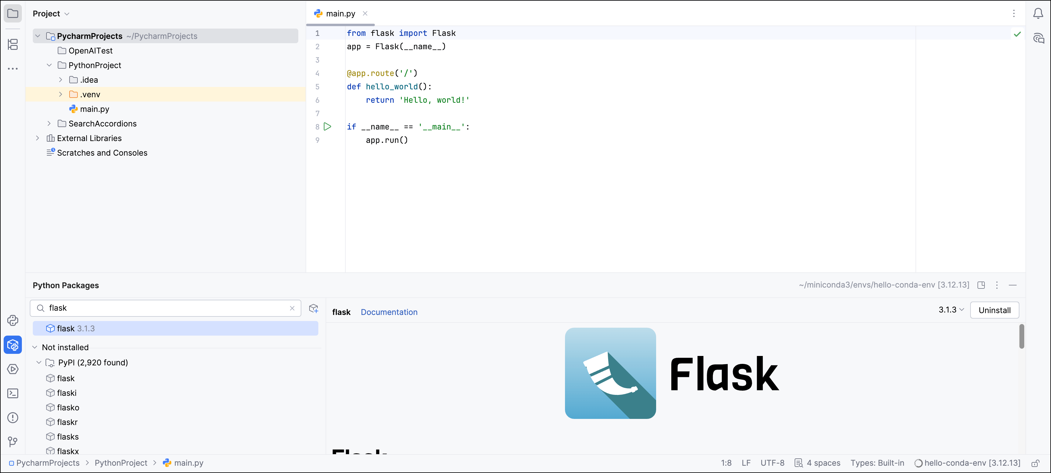 The Python Packages tool window showing the flask package installed in the project environment