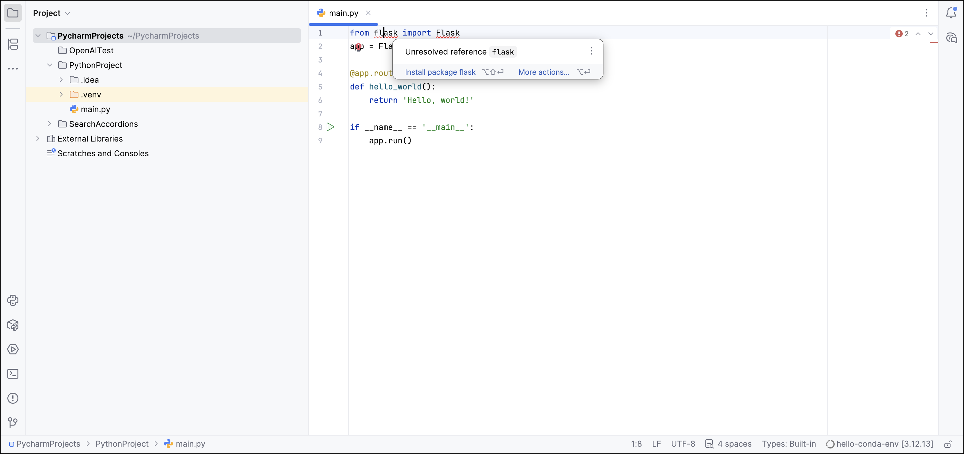 PyCharm editor showing the Unresolved reference flask popup with an Install package flask option