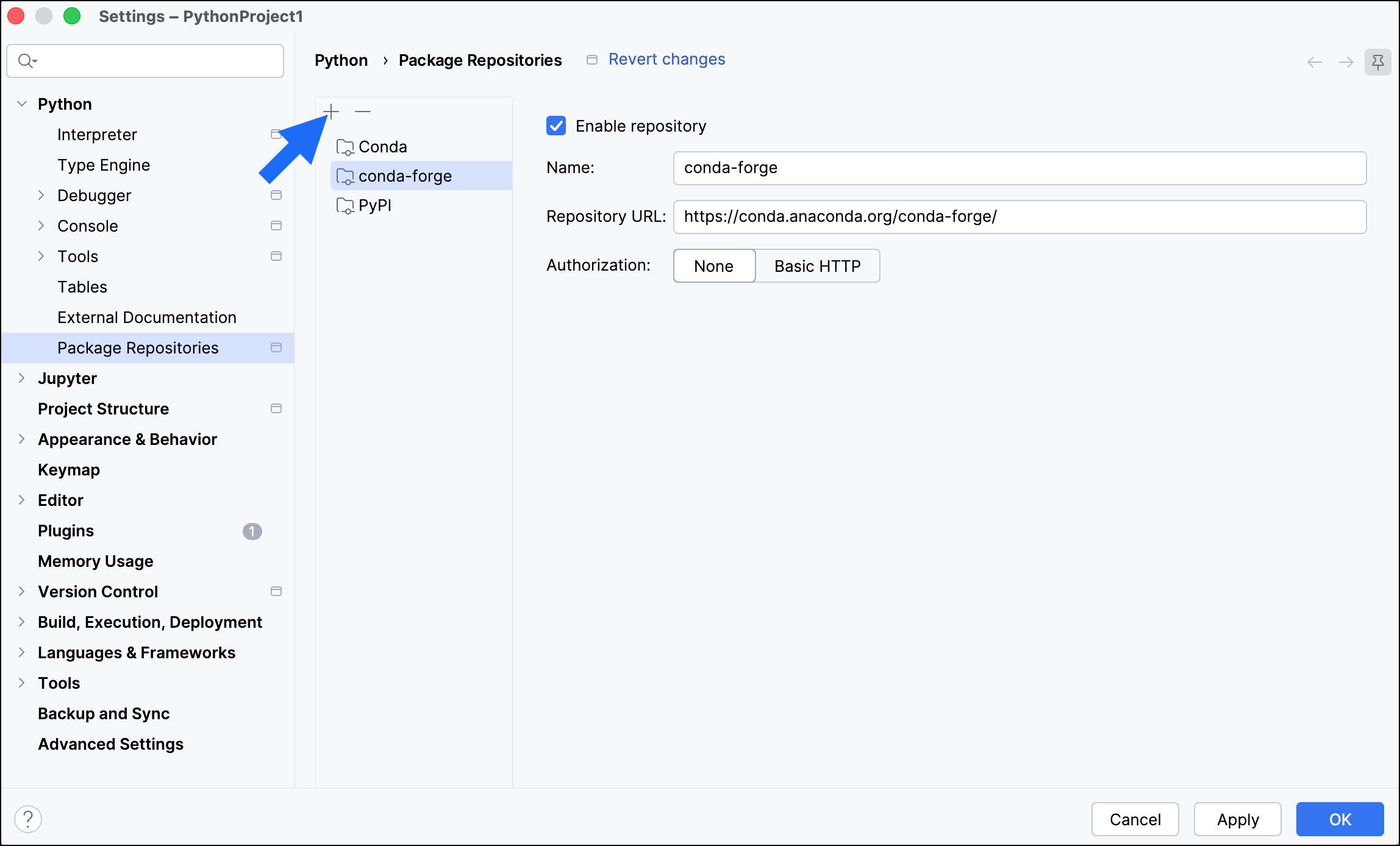 The Settings dialog showing Python Package Repositories with fields for Name, Repository URL, and Authorization
