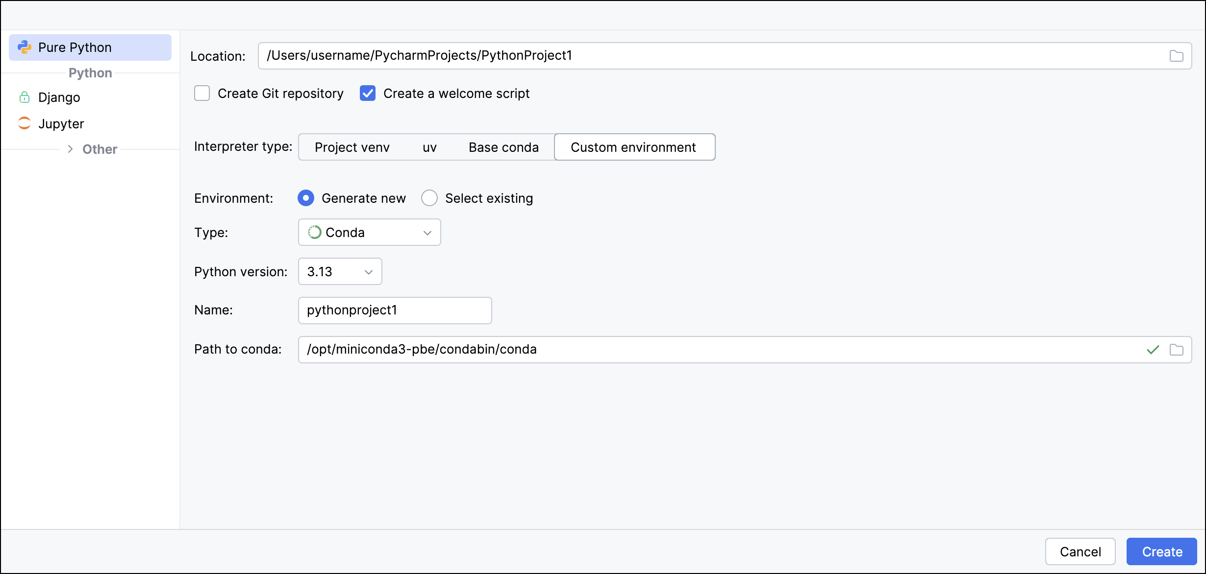The New Project dialog with Custom environment selected, Generate new and Conda chosen as the type, showing Python version, Name, and Path to conda fields
