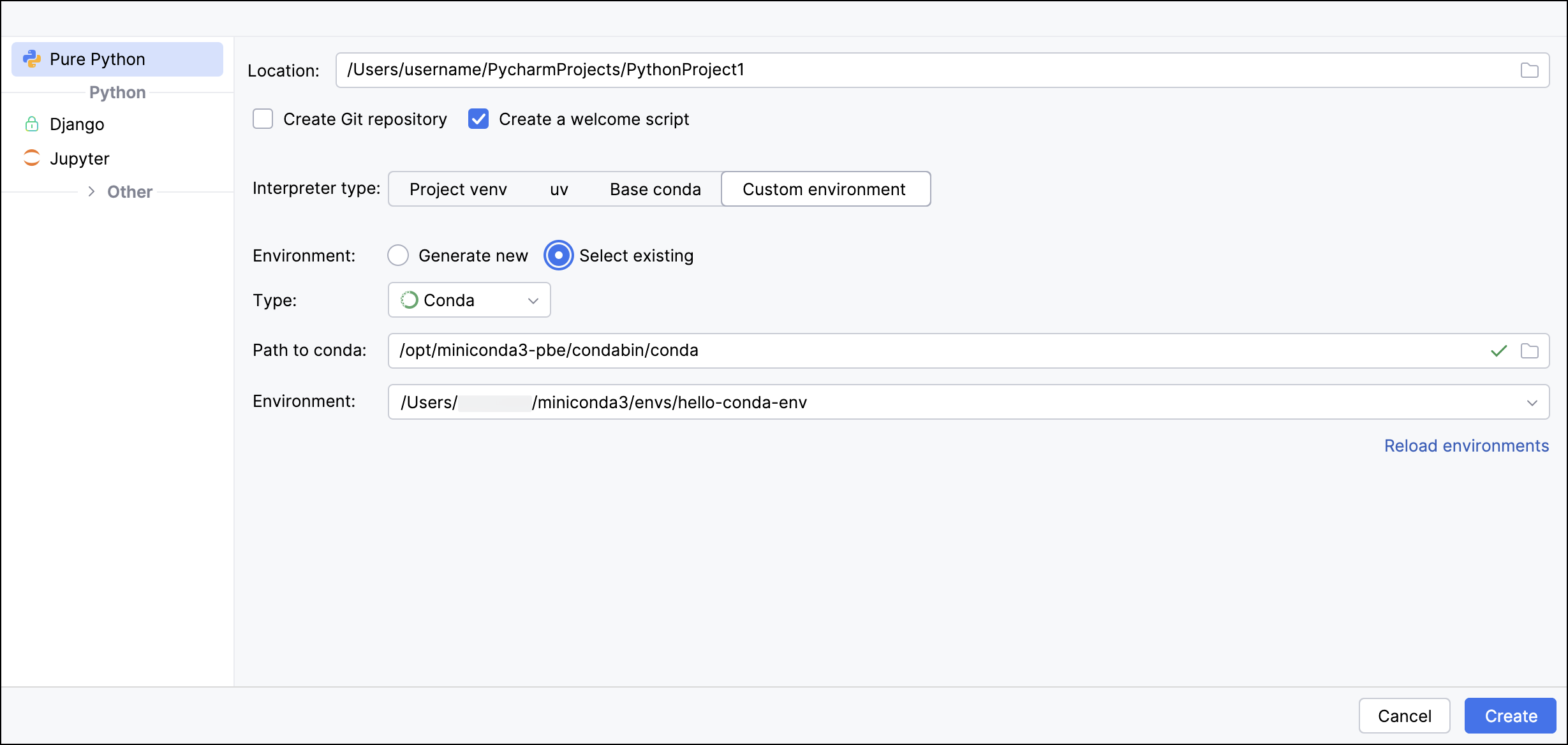 The New Project dialog with Custom environment selected, Select existing and Conda chosen as the type, showing the Environment dropdown and Reload environments link